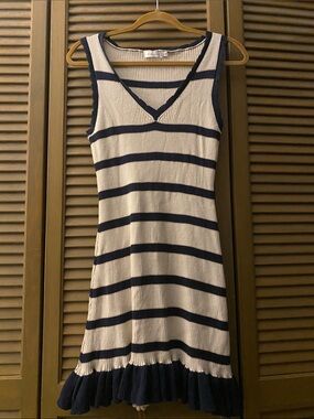 Ark & Co Navy and Cream Striped V-Neck Knit Mini Dress